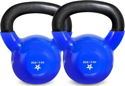 Kettlebell, 5-100 LB Vinyl Coated Cast Iron Strength Training Kettlebells for Home Gym Exercises, Fitness, Full Body Workout Equipment, Push Ups (Color: D. 20LB - Dark Blue  Vinyl Coated - Pair)